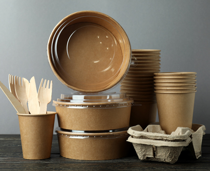 Paper food packaging group included paper bowl, paper cup, cup carrier tray and wood cutlery