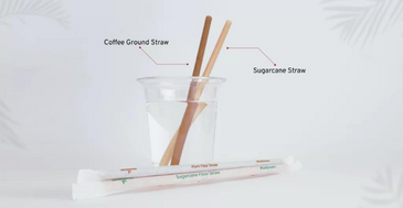a cup filled with water shows plant-based compostable straws which is made from coffee ground and sugarcane 